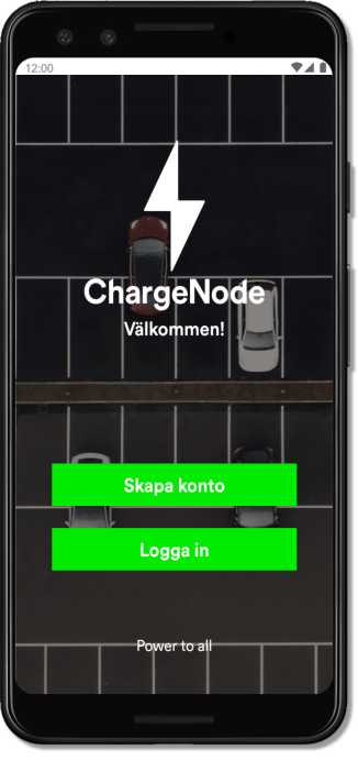 Chargenode_skapa_konto Mobile app for electric car charging with login screen